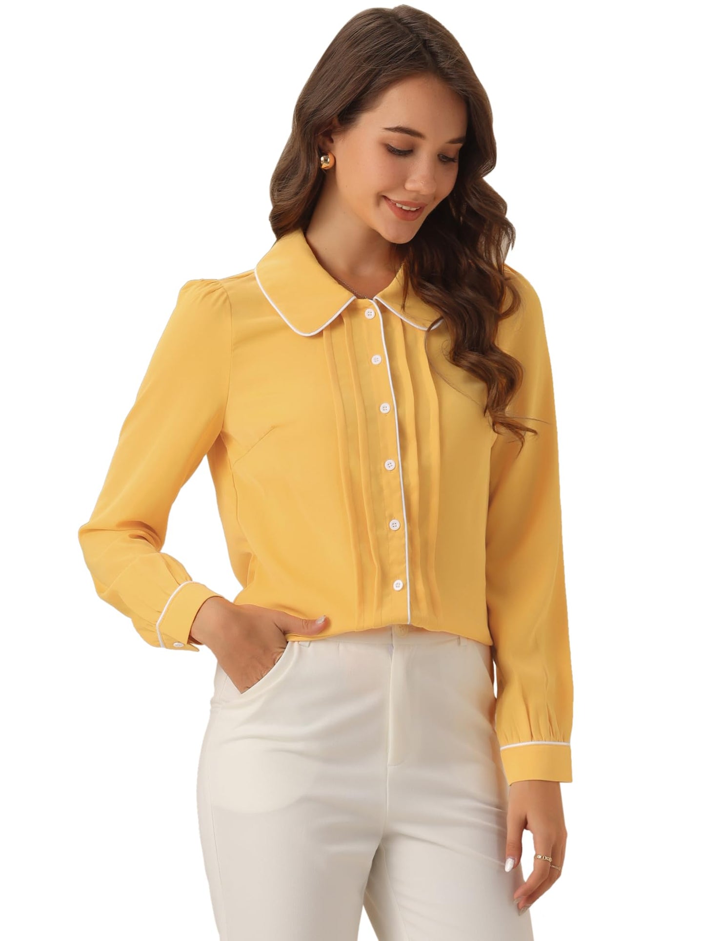 Allegra K Women's Peter Pan Collar Shirt Long Sleeve Elegant Button Down Work Blouse