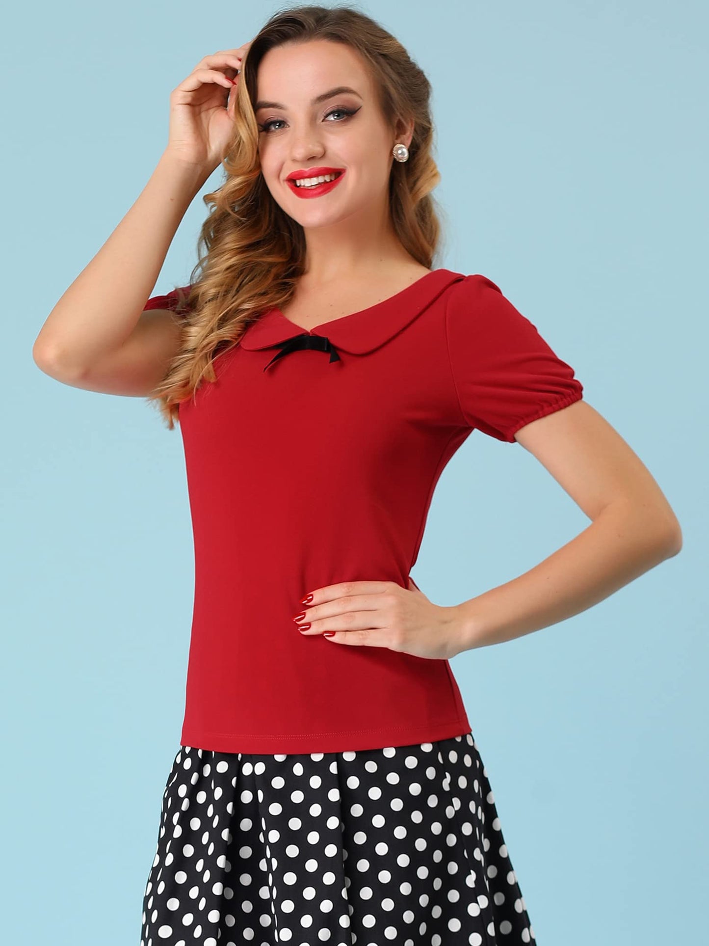 Allegra K Women's Peter Pan Collar Shirt Vintage 1950s Solid Short Sleeve Blouse
