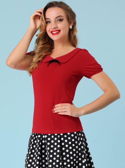Allegra K Women's Peter Pan Collar Shirt Vintage 1950s Solid Short Sleeve Blouse
