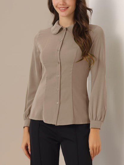 Allegra K Blusa de trabajo con cuello Peter Pan para mujer, estilo casual, de manga larga, con botones