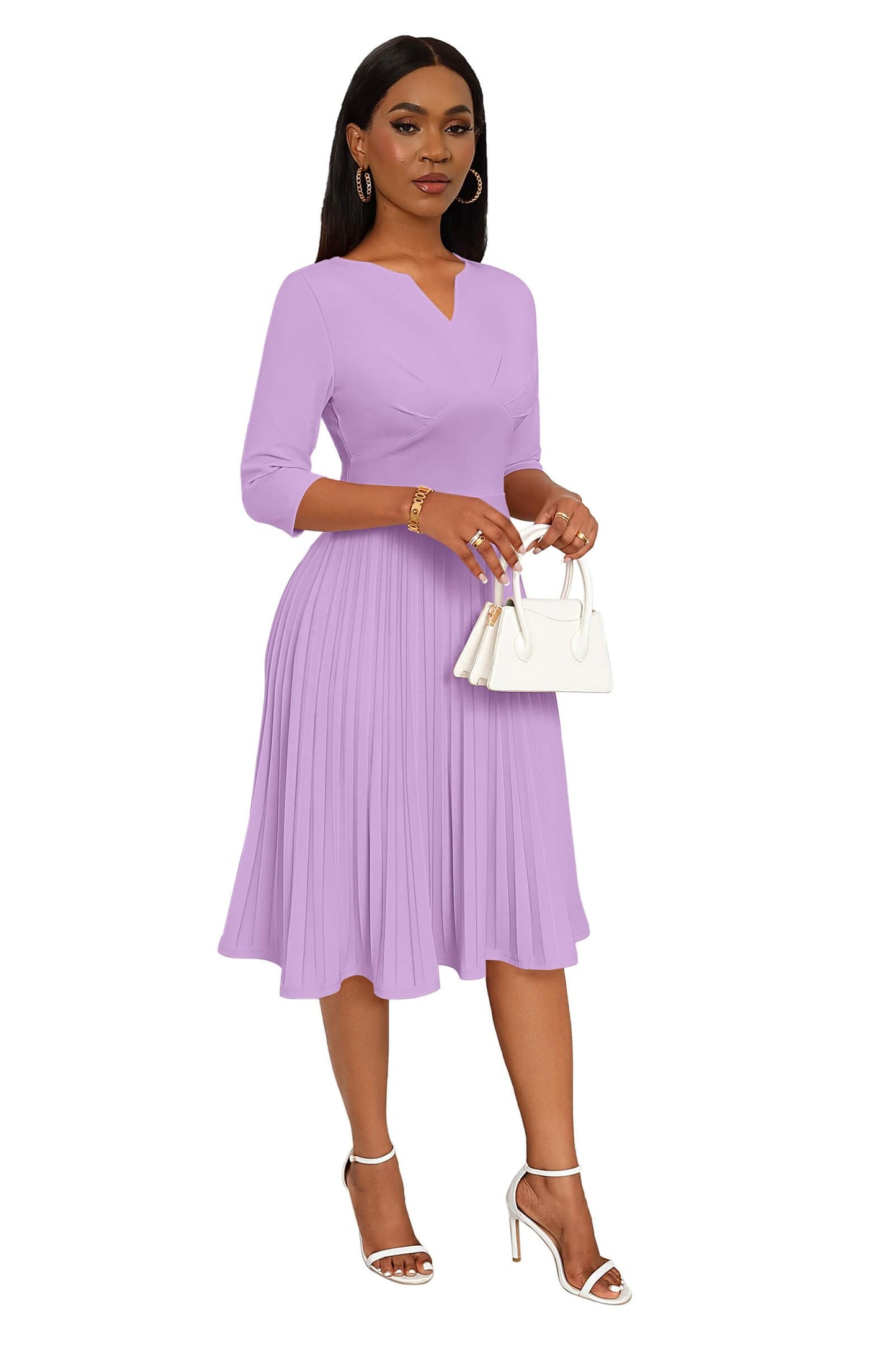 CLOCOR Midi Dresses for Women, 3/4 Sleeve A Line Pleated Casual Dress V Neck Church Cocktail Wedding Guest Dress