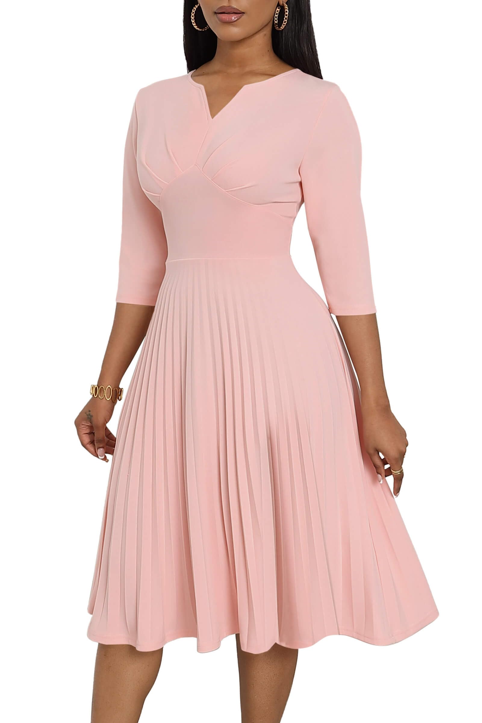 CLOCOR Midi Dresses for Women, 3/4 Sleeve A Line Pleated Casual Dress V Neck Church Cocktail Wedding Guest Dress
