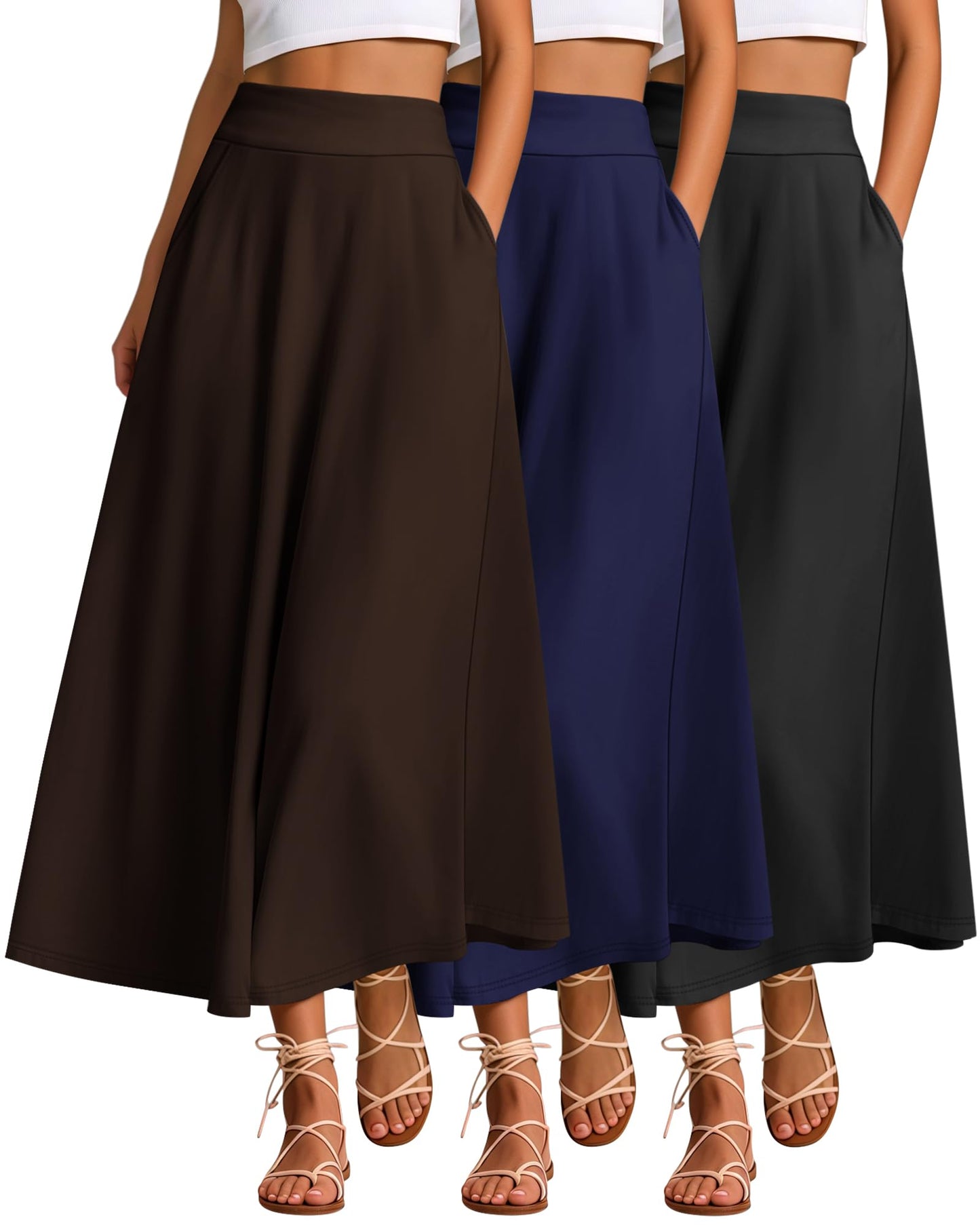 Ficerd 3 Pack Women's Maxi Long Skirts with Pockets, A Line Ankle Length High Waisted Flowy Soft Summer Casual Skirts
