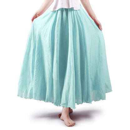 Women Bohemian Style Elastic Waist Band Cotton Linen Long Maxi Skirt Dress