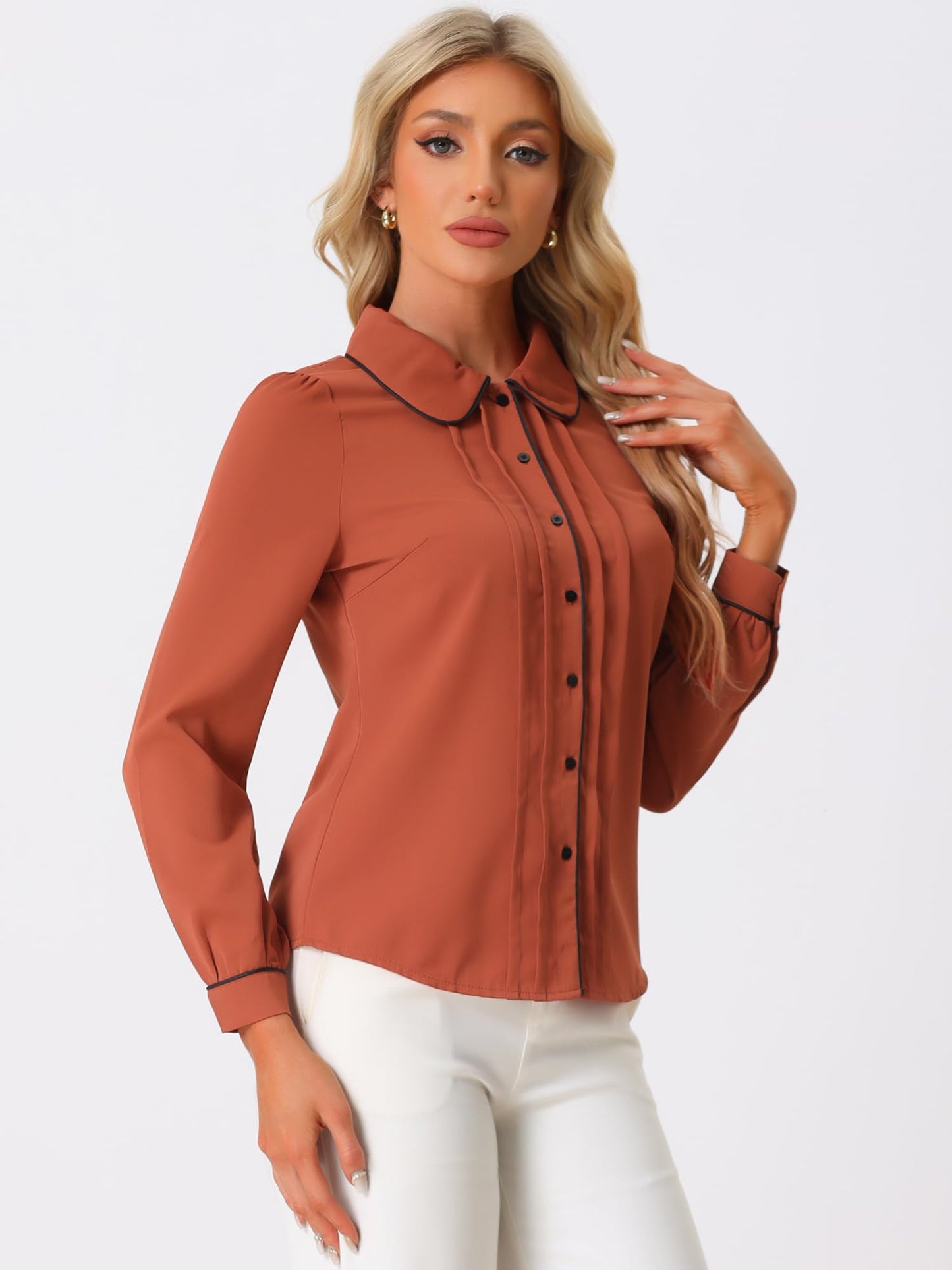 Allegra K Women's Peter Pan Collar Shirt Long Sleeve Elegant Button Down Work Blouse