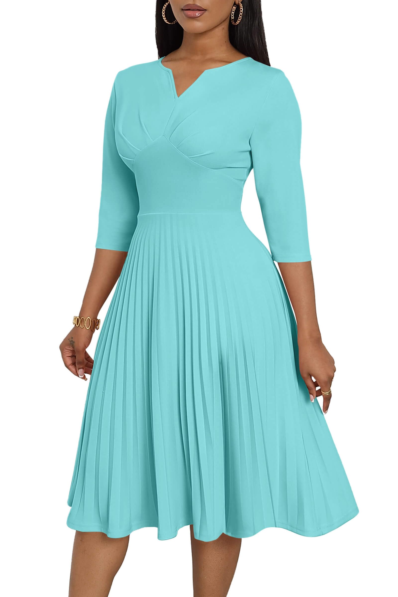 CLOCOR Midi Dresses for Women, 3/4 Sleeve A Line Pleated Casual Dress V Neck Church Cocktail Wedding Guest Dress