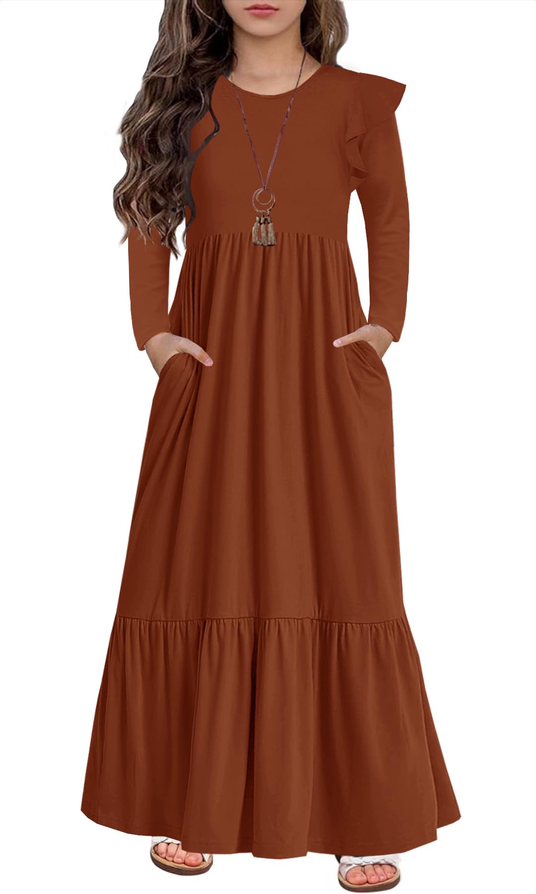 HOSIKA Girls Fall Ruffle Long Sleeve Crew Neck Loose Casual Flowy Tiered Maxi Dress with Pockets for 6-12 Y