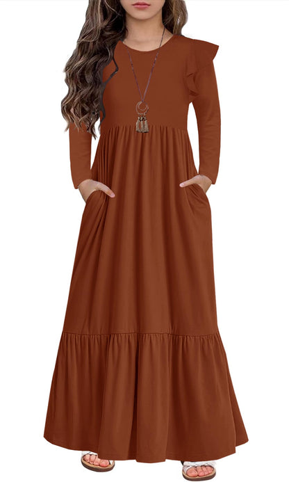 HOSIKA Girls Fall Ruffle Long Sleeve Crew Neck Loose Casual Flowy Tiered Maxi Dress with Pockets for 6-12 Y
