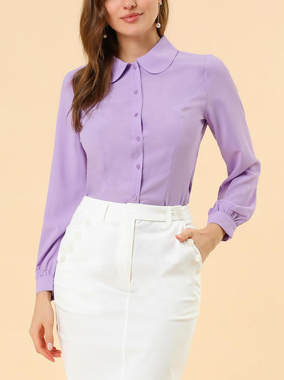Allegra K Blusa de trabajo con cuello Peter Pan para mujer, estilo casual, de manga larga, con botones