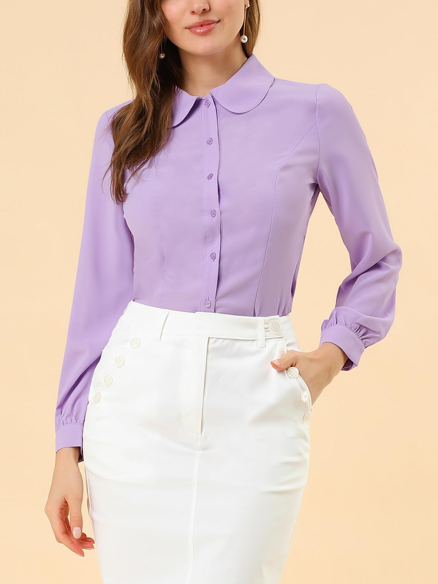 Allegra K Blusa de trabajo con cuello Peter Pan para mujer, estilo casual, de manga larga, con botones