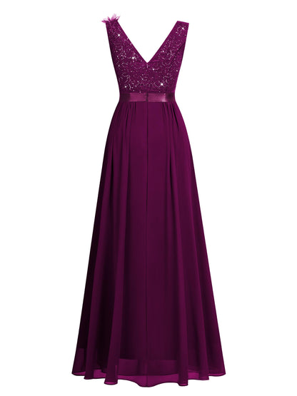 Miusol Women's Vintage V-Neck Sleeveless Sequined Split Formal Evening Maxi Dress
