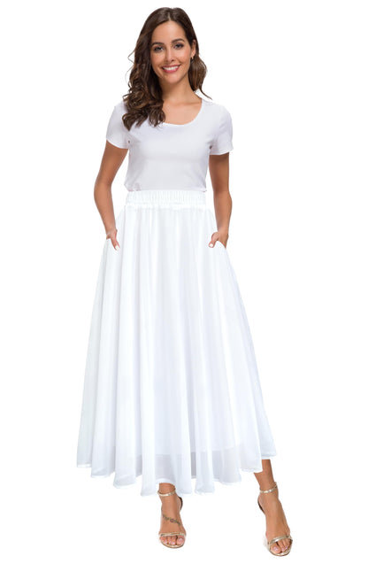 Afibi Women High Waist Floral Print Swing Chiffon Beach Midi Long Skirt with Pockets