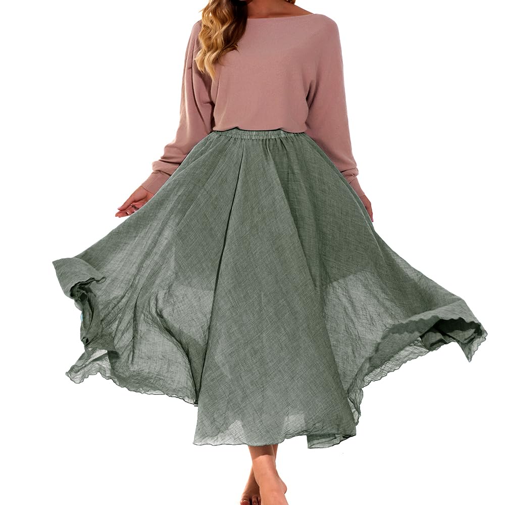 Women Bohemian Style Elastic Waist Band Cotton Linen Long Maxi Skirt Dress