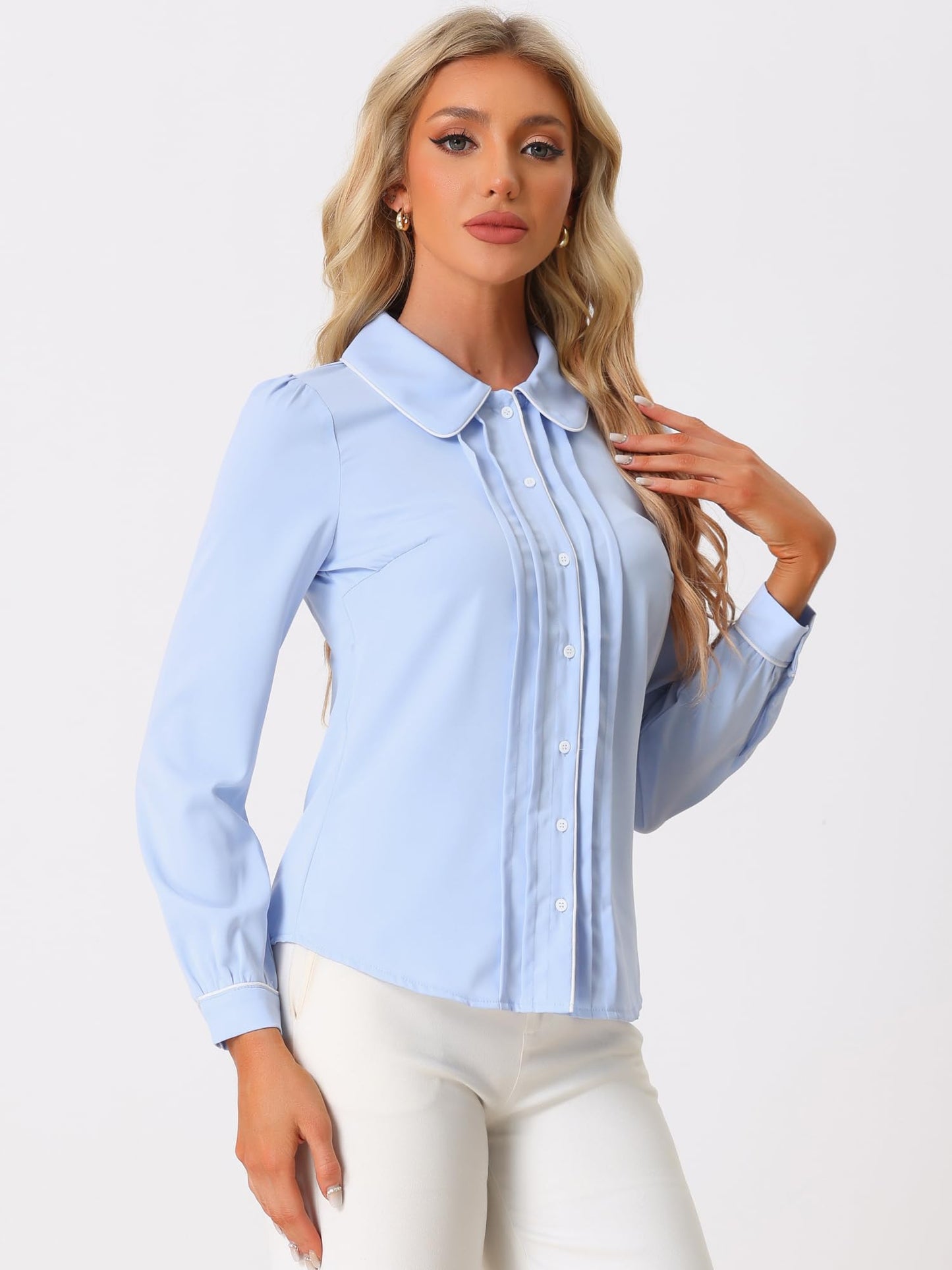Allegra K Women's Peter Pan Collar Shirt Long Sleeve Elegant Button Down Work Blouse