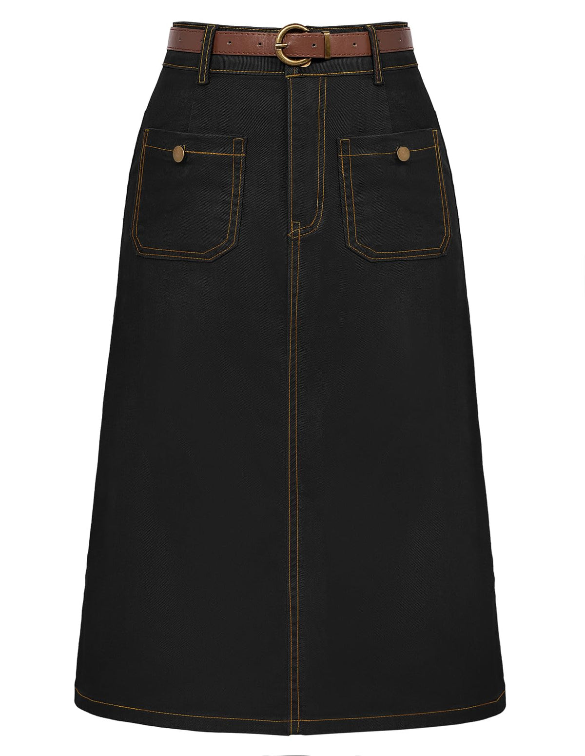Belle Poque Black Jean Skirt for Women Vintage Below Knee Long Black Denim Skirt Belt M