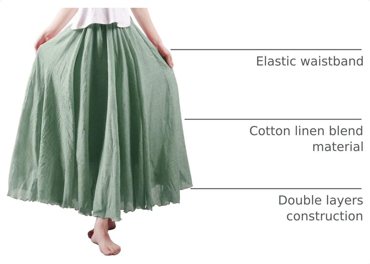 Women Bohemian Style Elastic Waist Band Cotton Linen Long Maxi Skirt Dress