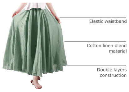 Women Bohemian Style Elastic Waist Band Cotton Linen Long Maxi Skirt Dress