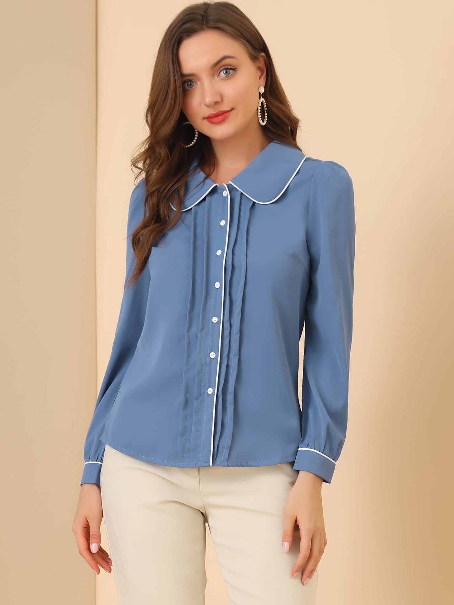 Allegra K Women's Peter Pan Collar Shirt Long Sleeve Elegant Button Down Work Blouse