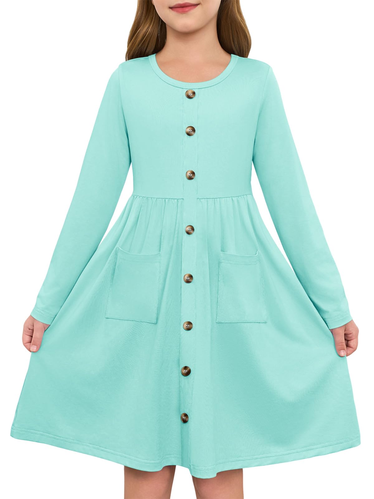 Girls Dresses Kids Button Down Midi Long Sleeve Casual A Line Dress with Pockets 4-14 Years