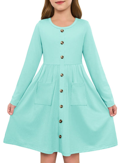Girls Dresses Kids Button Down Midi Long Sleeve Casual A Line Dress with Pockets 4-14 Years