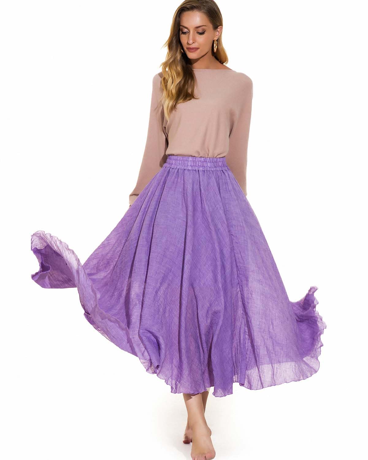 Women Bohemian Style Elastic Waist Band Cotton Linen Long Maxi Skirt Dress
