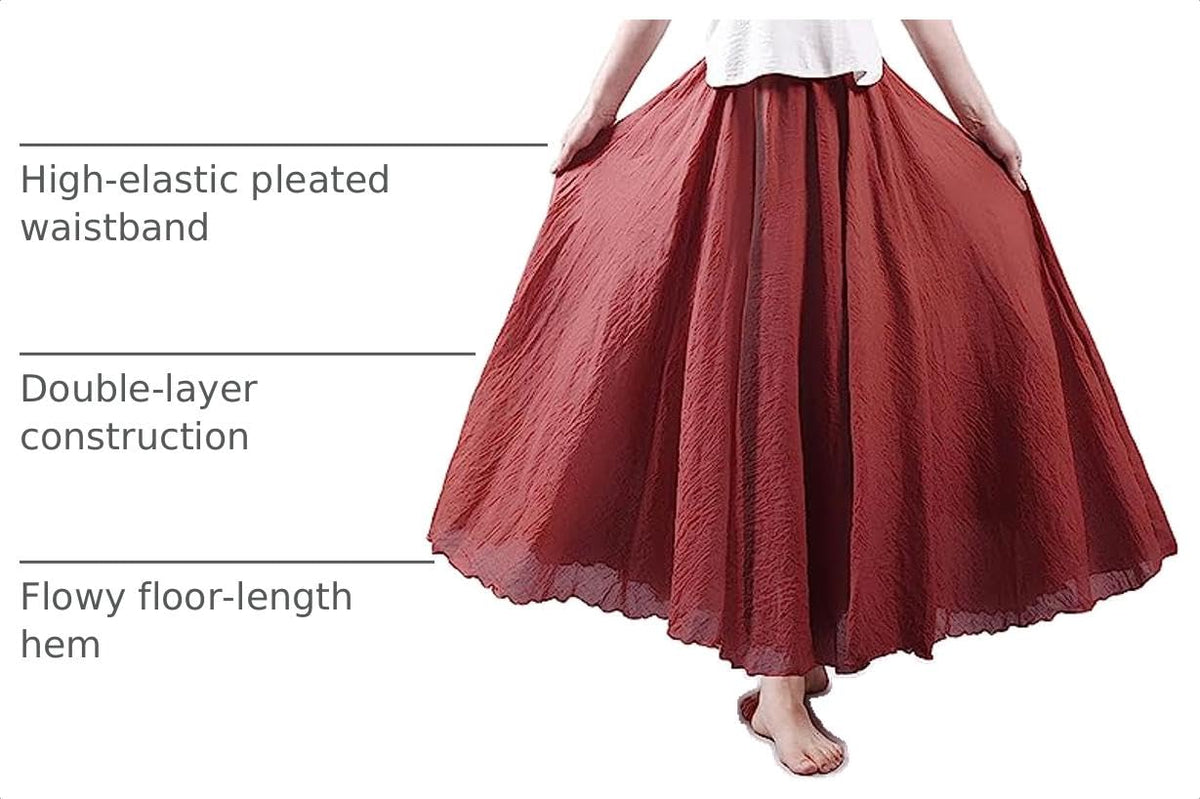 Women Bohemian Style Elastic Waist Band Cotton Linen Long Maxi Skirt Dress
