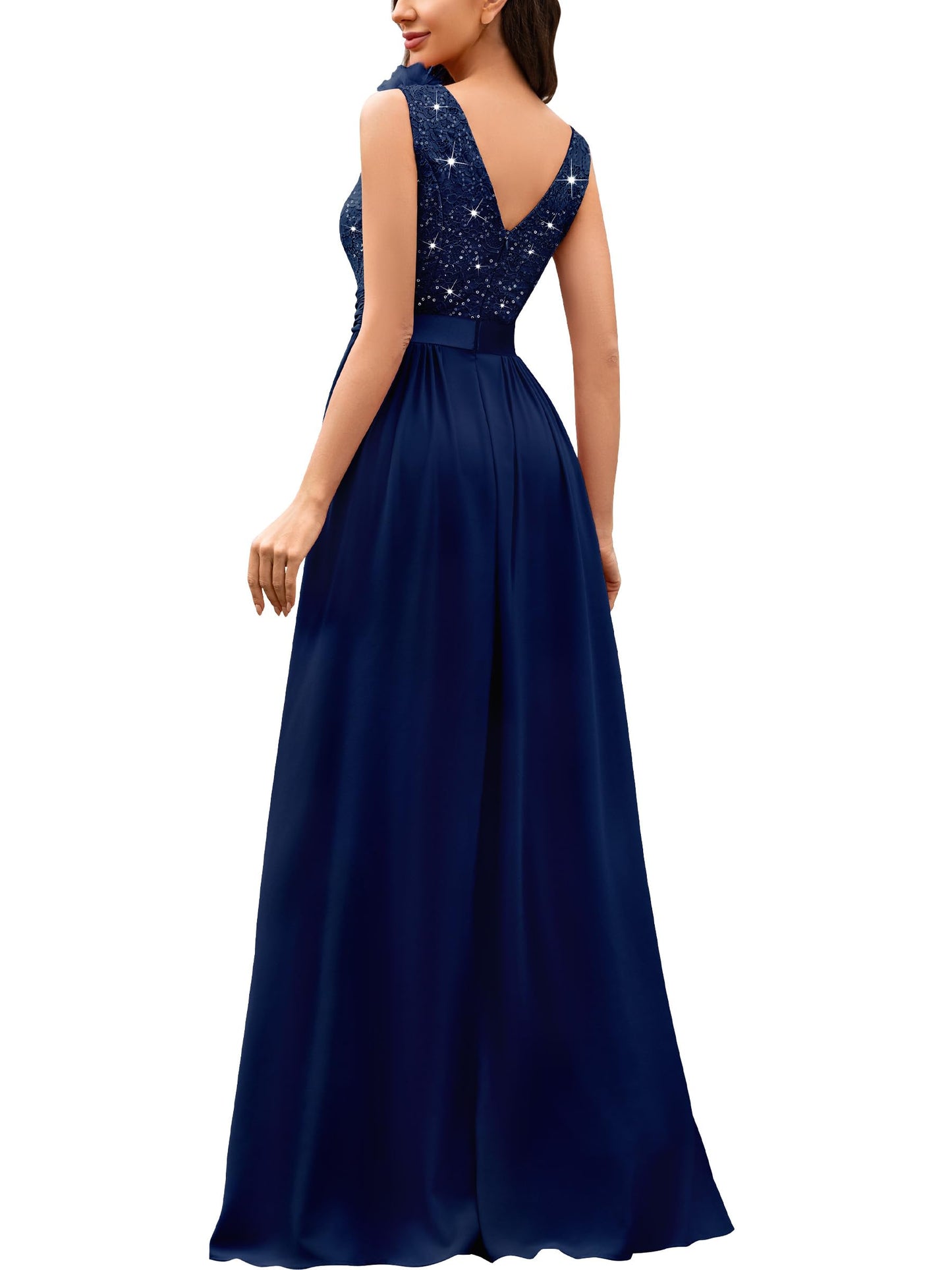 Miusol Women's Vintage V-Neck Sleeveless Sequined Split Formal Evening Maxi Dress