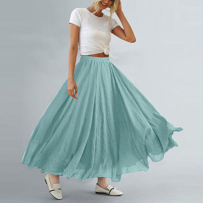 Women Bohemian Style Elastic Waist Band Cotton Linen Long Maxi Skirt Dress