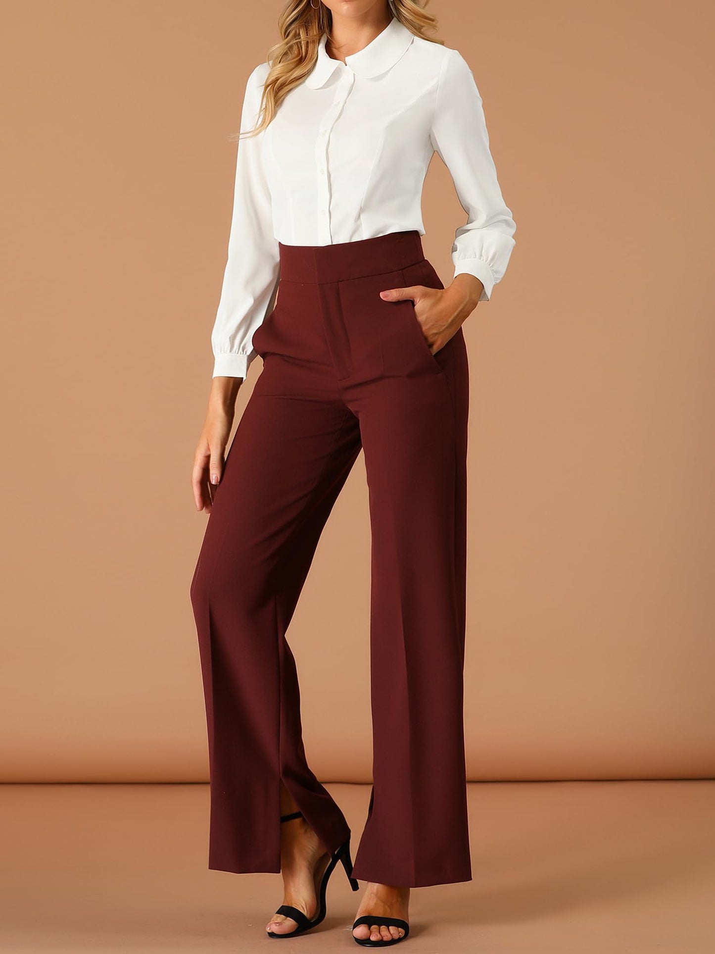 Allegra K Blusa de trabajo con cuello Peter Pan para mujer, estilo casual, de manga larga, con botones