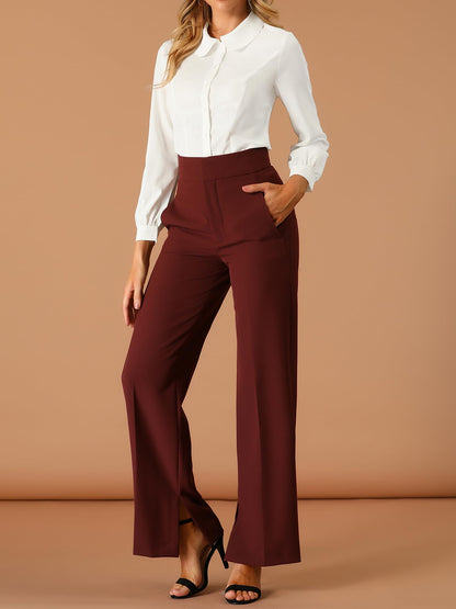 Allegra K Blusa de trabajo con cuello Peter Pan para mujer, estilo casual, de manga larga, con botones