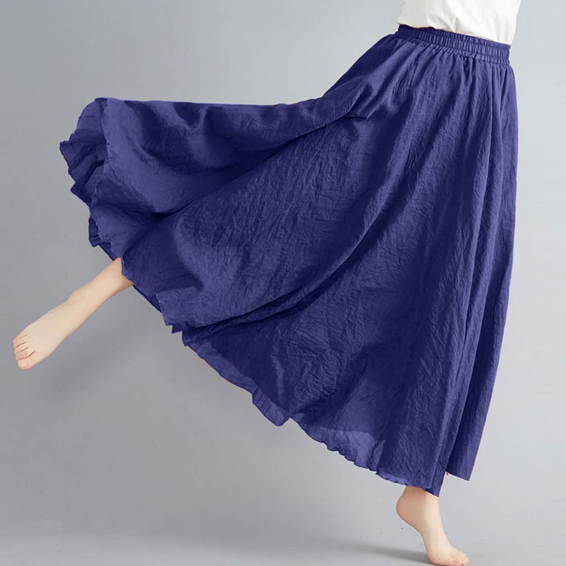 Women Bohemian Style Elastic Waist Band Cotton Linen Long Maxi Skirt Dress