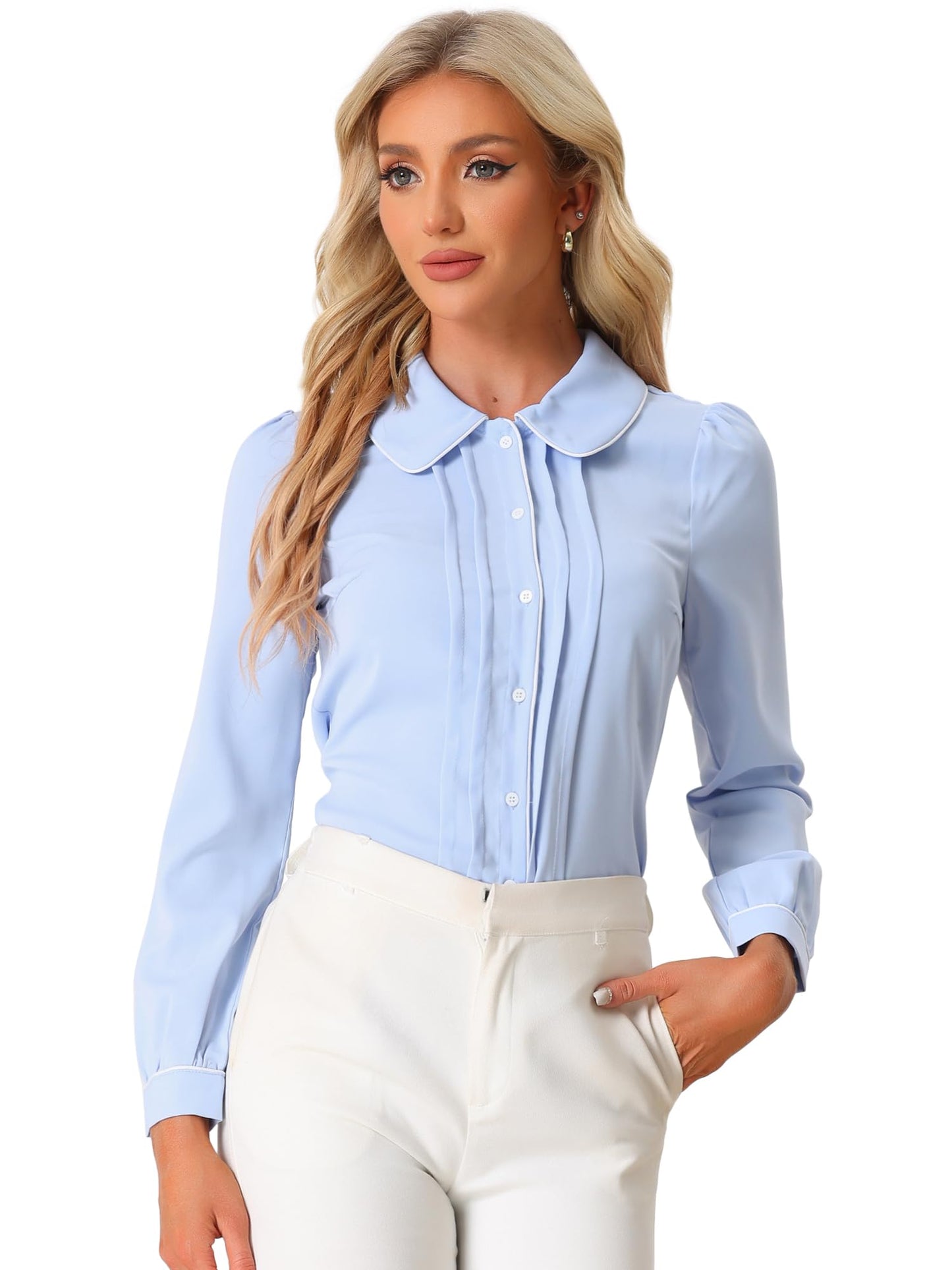 Allegra K Women's Peter Pan Collar Shirt Long Sleeve Elegant Button Down Work Blouse