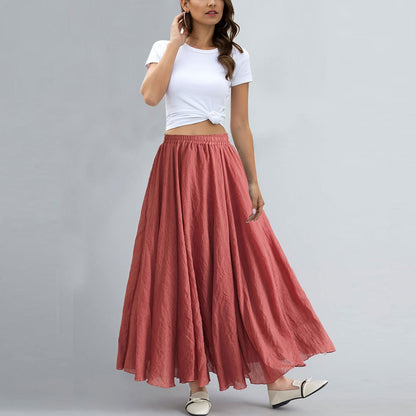 Women Bohemian Style Elastic Waist Band Cotton Linen Long Maxi Skirt Dress