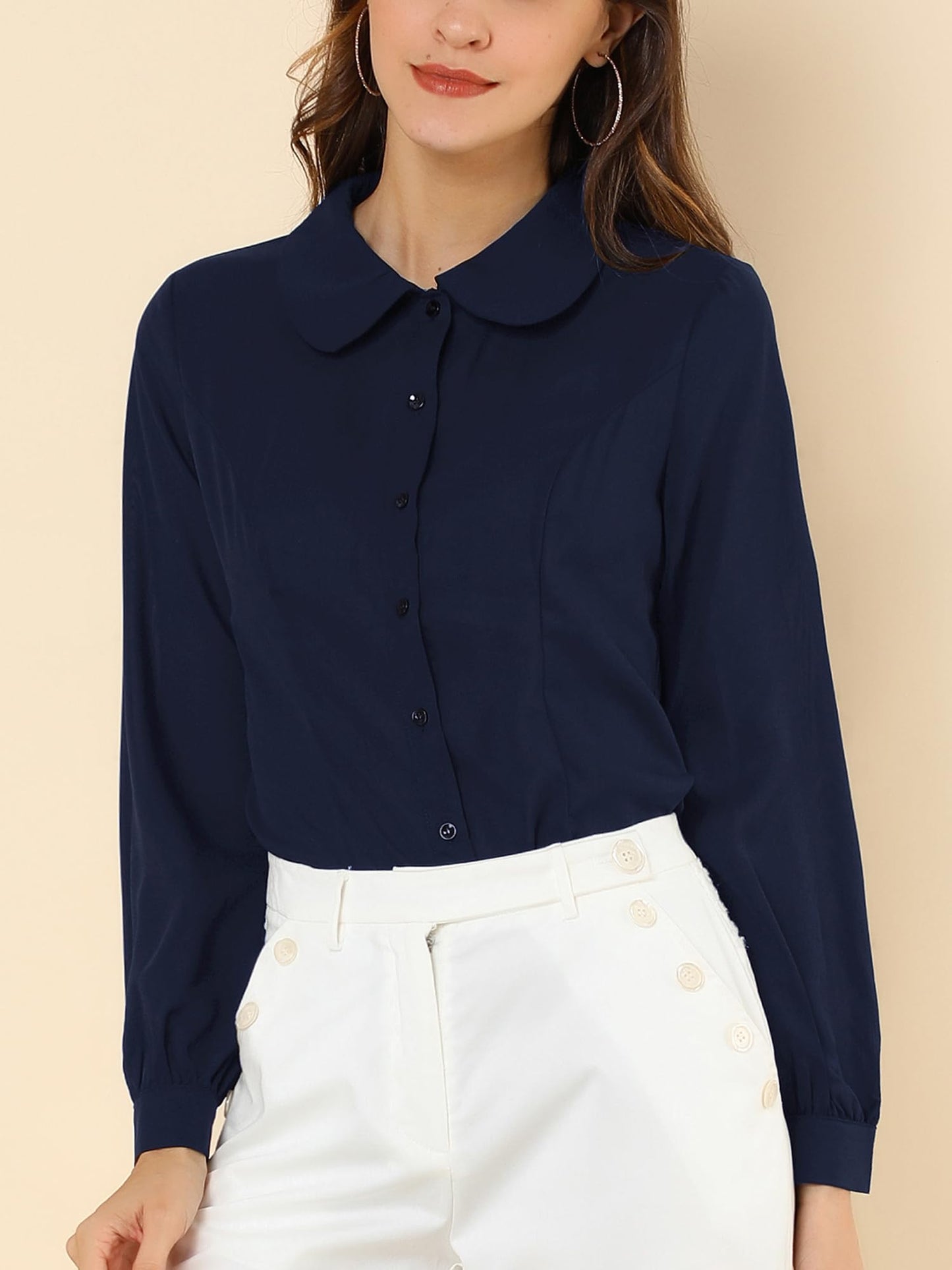 Allegra K Blusa de trabajo con cuello Peter Pan para mujer, estilo casual, de manga larga, con botones