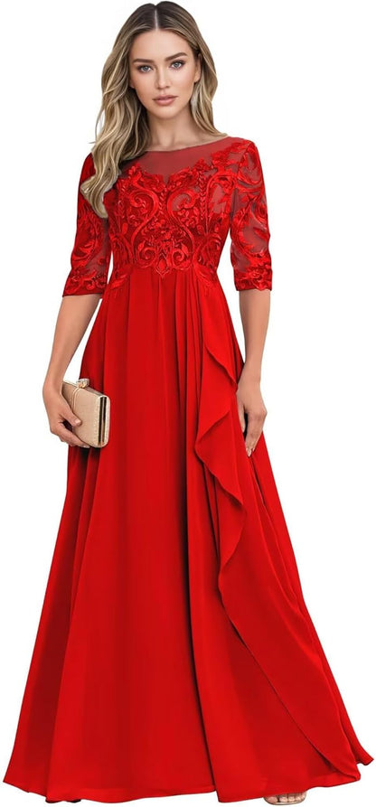 Long Mother of The Bride Dresses for Wedding Guest Half Sleeves Ruffle A Line Evening Party Gown HX012