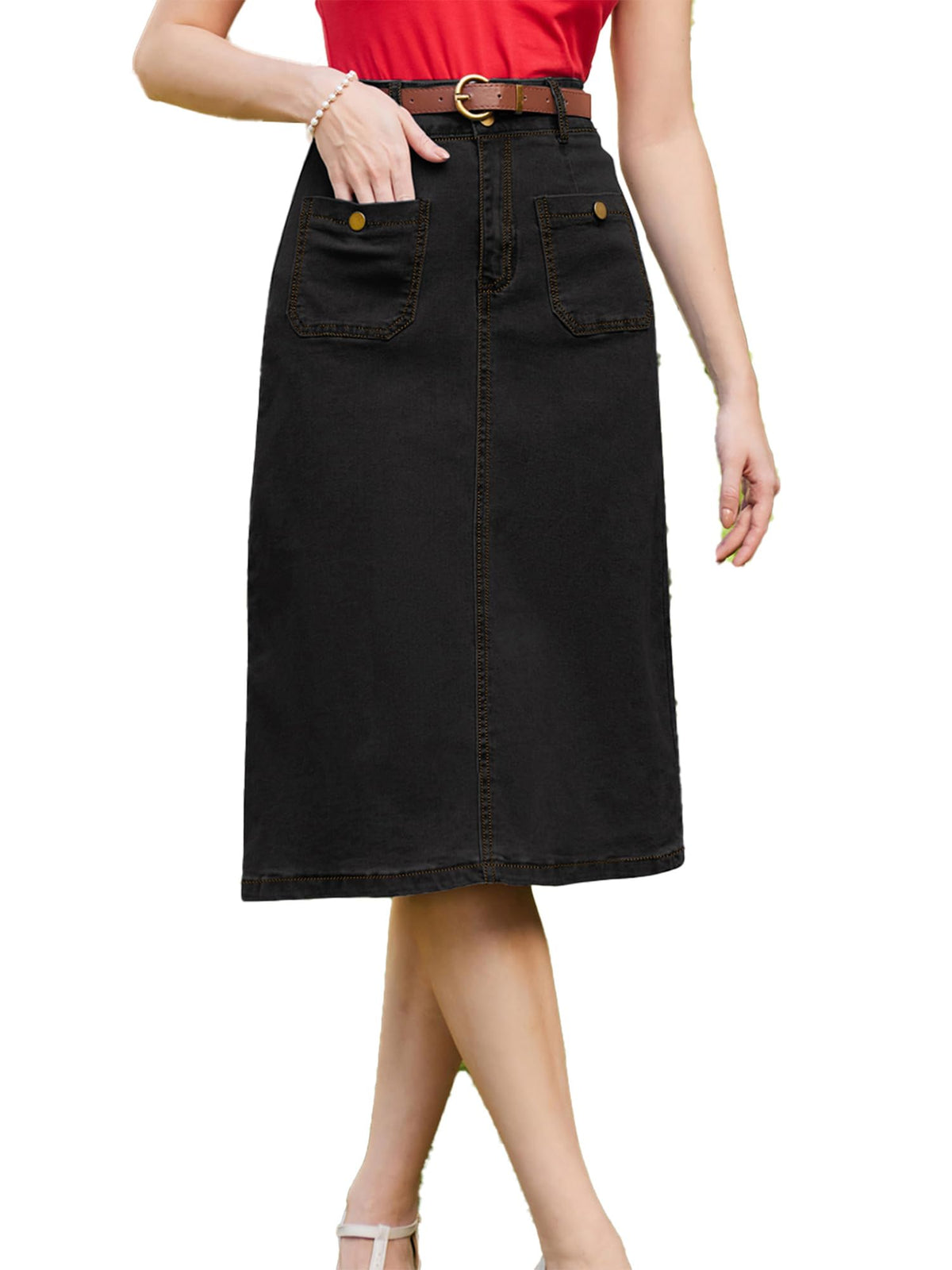 Belle Poque Black Jean Skirt for Women Vintage Below Knee Long Black Denim Skirt Belt M