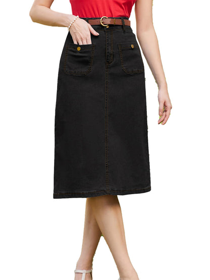 Belle Poque Black Jean Skirt for Women Vintage Below Knee Long Black Denim Skirt Belt M