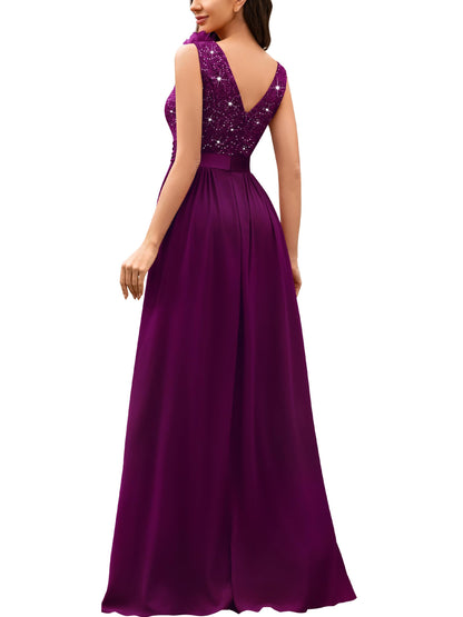 Miusol Women's Vintage V-Neck Sleeveless Sequined Split Formal Evening Maxi Dress