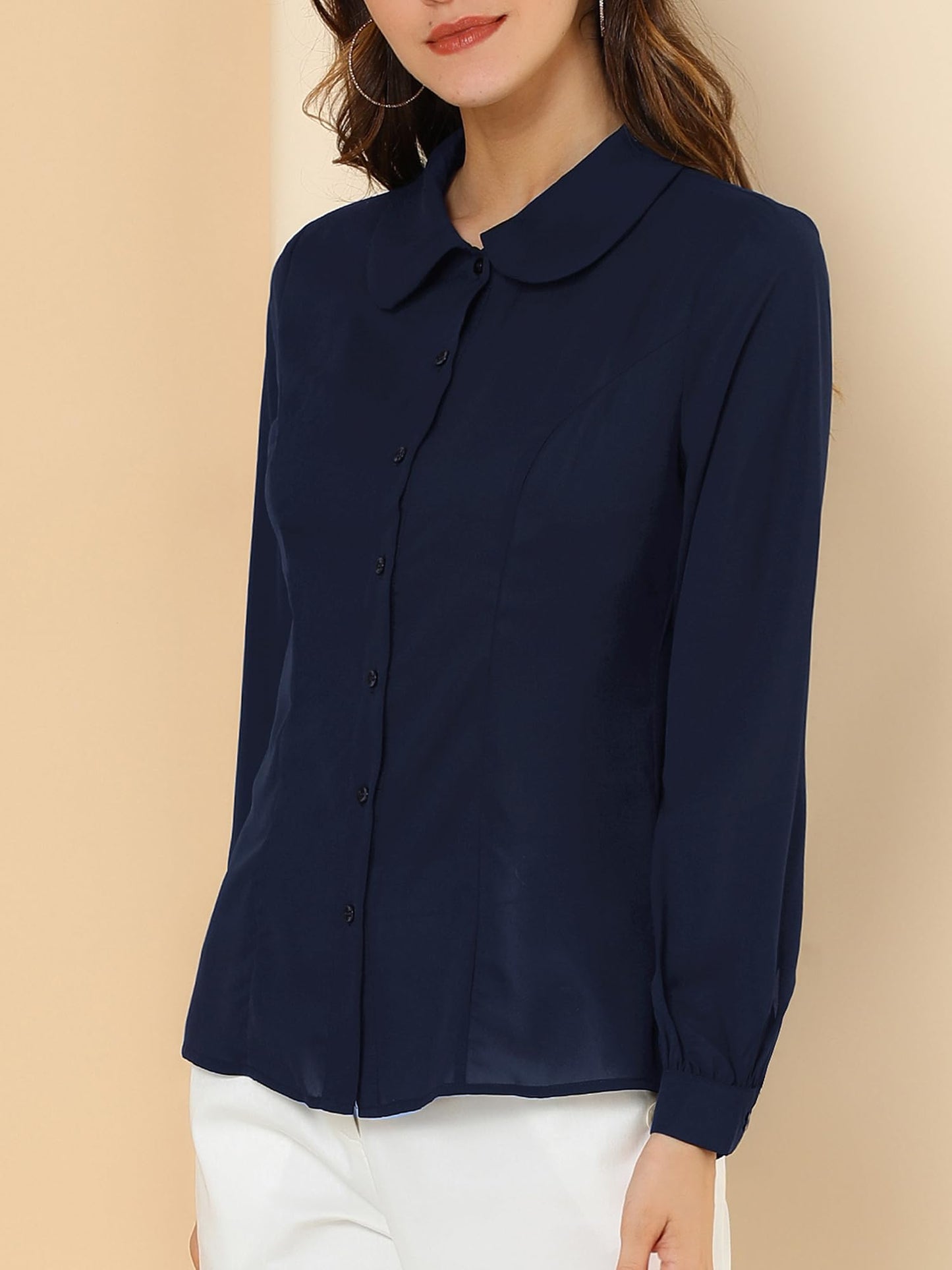 Allegra K Blusa de trabajo con cuello Peter Pan para mujer, estilo casual, de manga larga, con botones