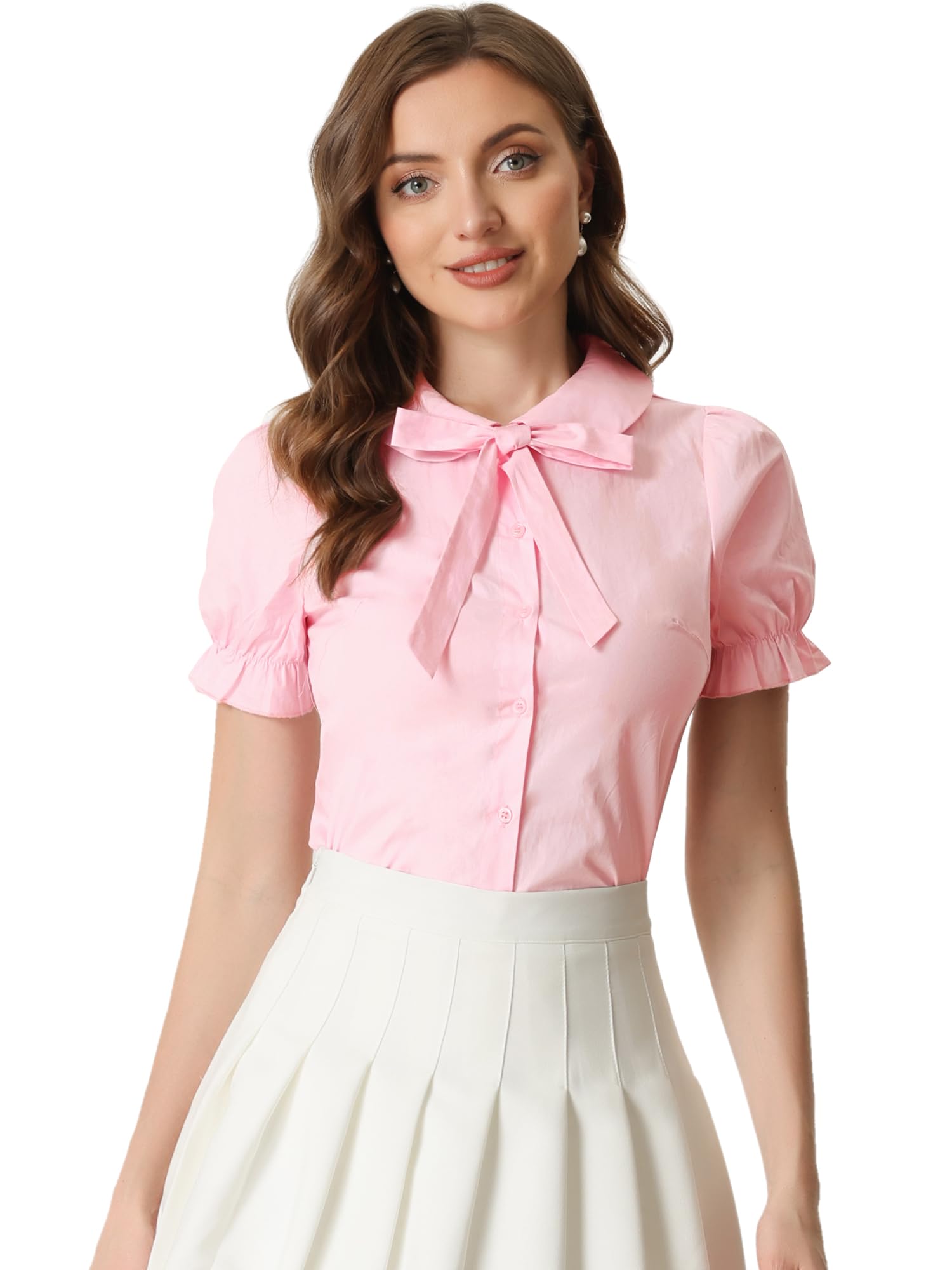 Allegra K Women's Vintage Peter Pan Collar Tie Neck Casual Cute Cotton Button-Up Shirt