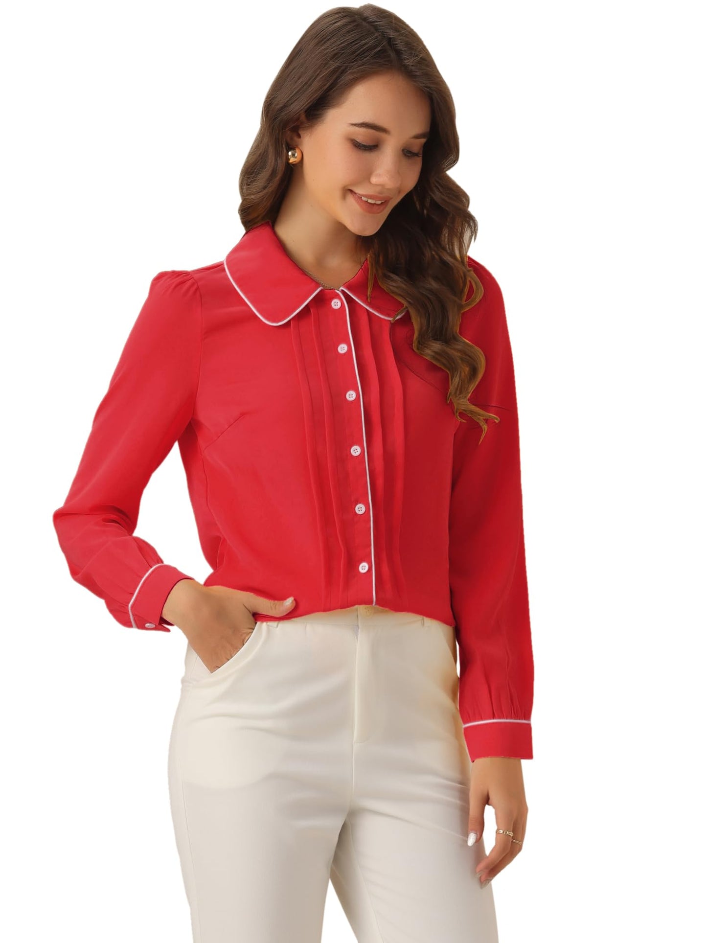 Allegra K Women's Peter Pan Collar Shirt Long Sleeve Elegant Button Down Work Blouse