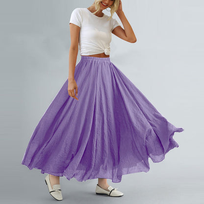 Women Bohemian Style Elastic Waist Band Cotton Linen Long Maxi Skirt Dress
