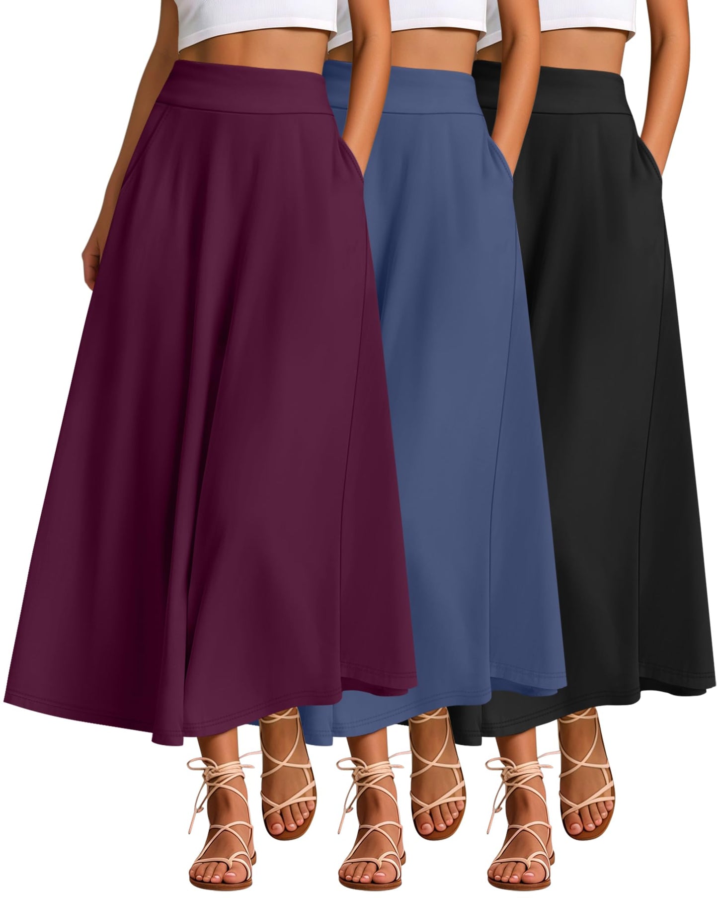 Ficerd 3 Pack Women's Maxi Long Skirts with Pockets, A Line Ankle Length High Waisted Flowy Soft Summer Casual Skirts