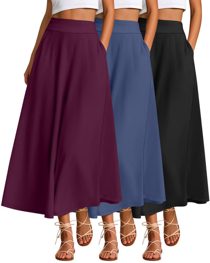 Ficerd 3 Pack Women's Maxi Long Skirts with Pockets, A Line Ankle Length High Waisted Flowy Soft Summer Casual Skirts