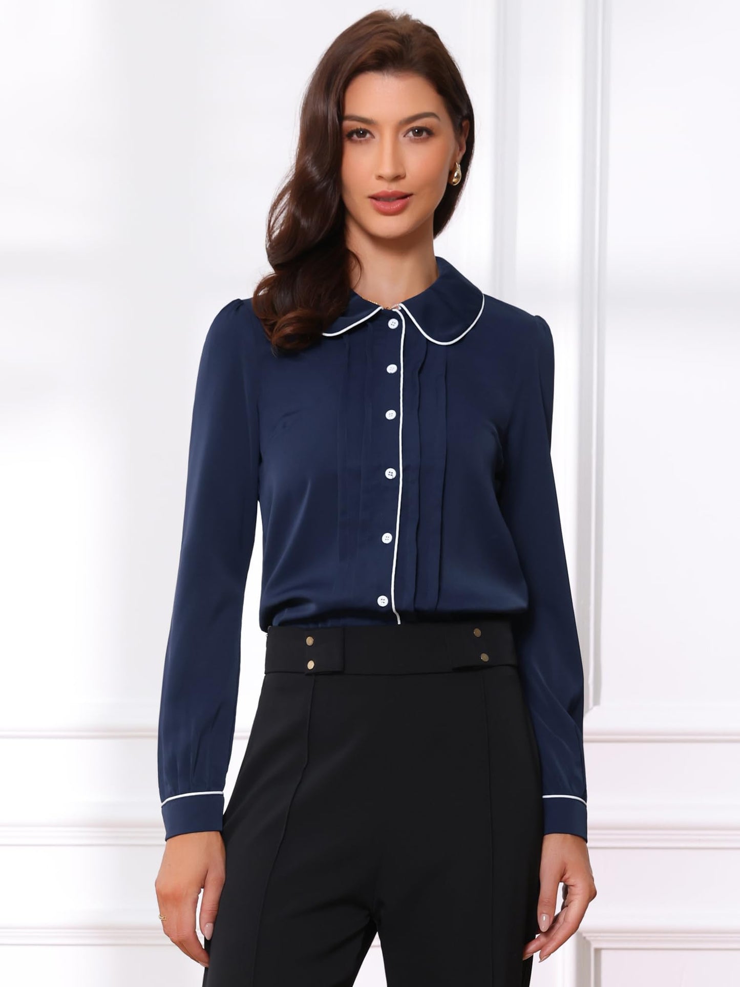 Allegra K Women's Peter Pan Collar Shirt Long Sleeve Elegant Button Down Work Blouse