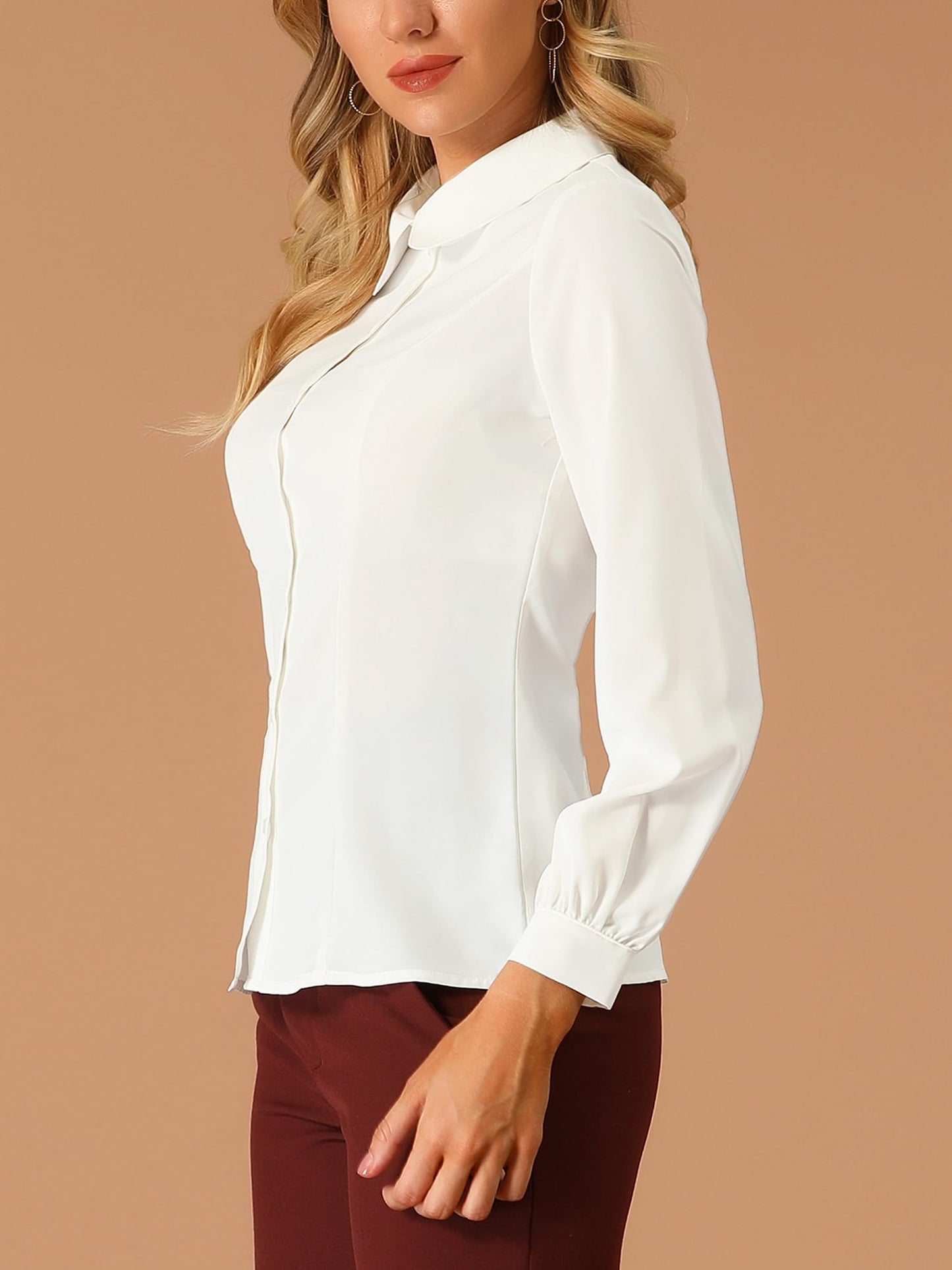 Allegra K Blusa de trabajo con cuello Peter Pan para mujer, estilo casual, de manga larga, con botones