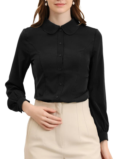 Allegra K Blusa de trabajo con cuello Peter Pan para mujer, estilo casual, de manga larga, con botones