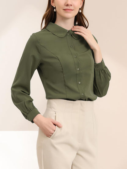 Allegra K Blusa de trabajo con cuello Peter Pan para mujer, estilo casual, de manga larga, con botones