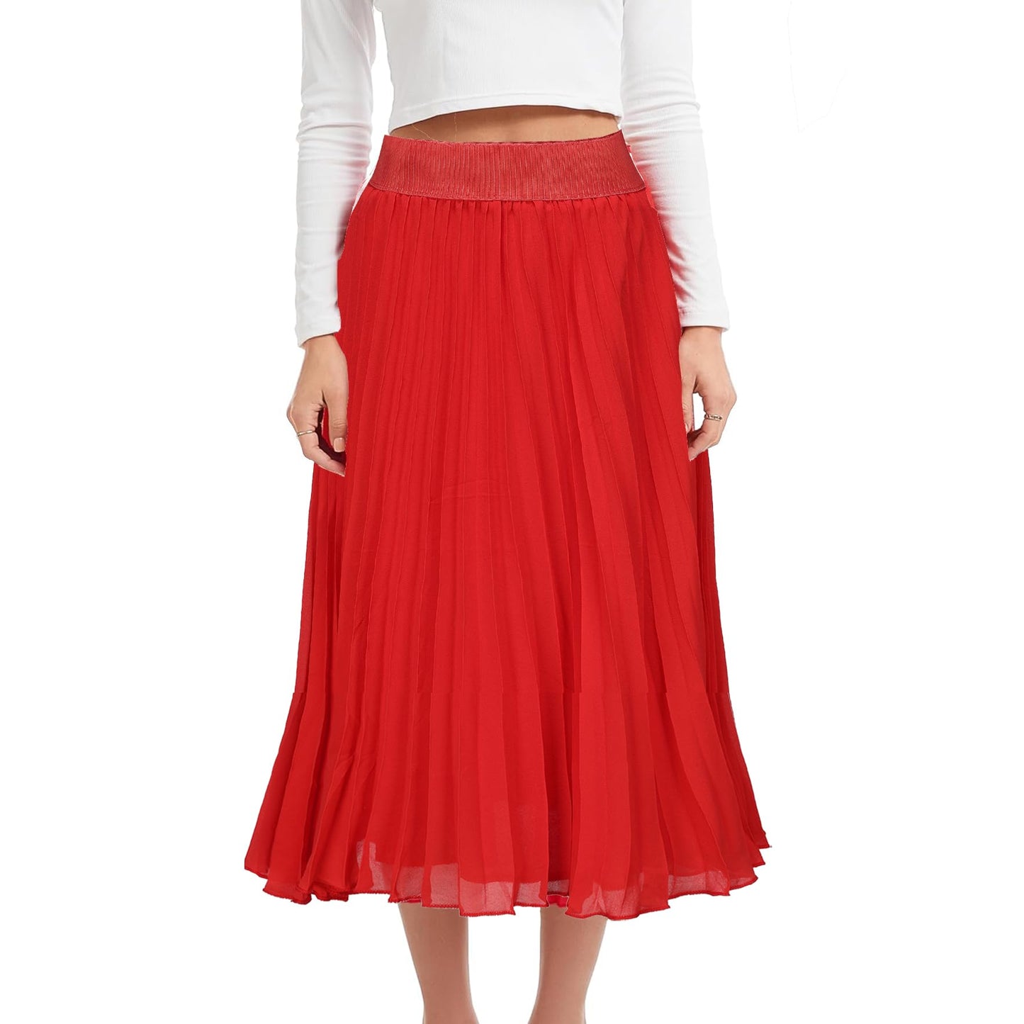 Womens Chiffon High Waist Skirt Pleated A-Line Swing Elastic Shirring Midi Length