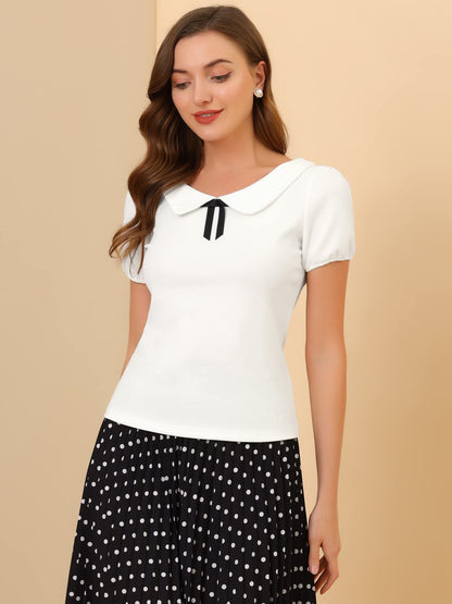 Allegra K Women's Peter Pan Collar Shirt Vintage 1950s Solid Short Sleeve Blouse